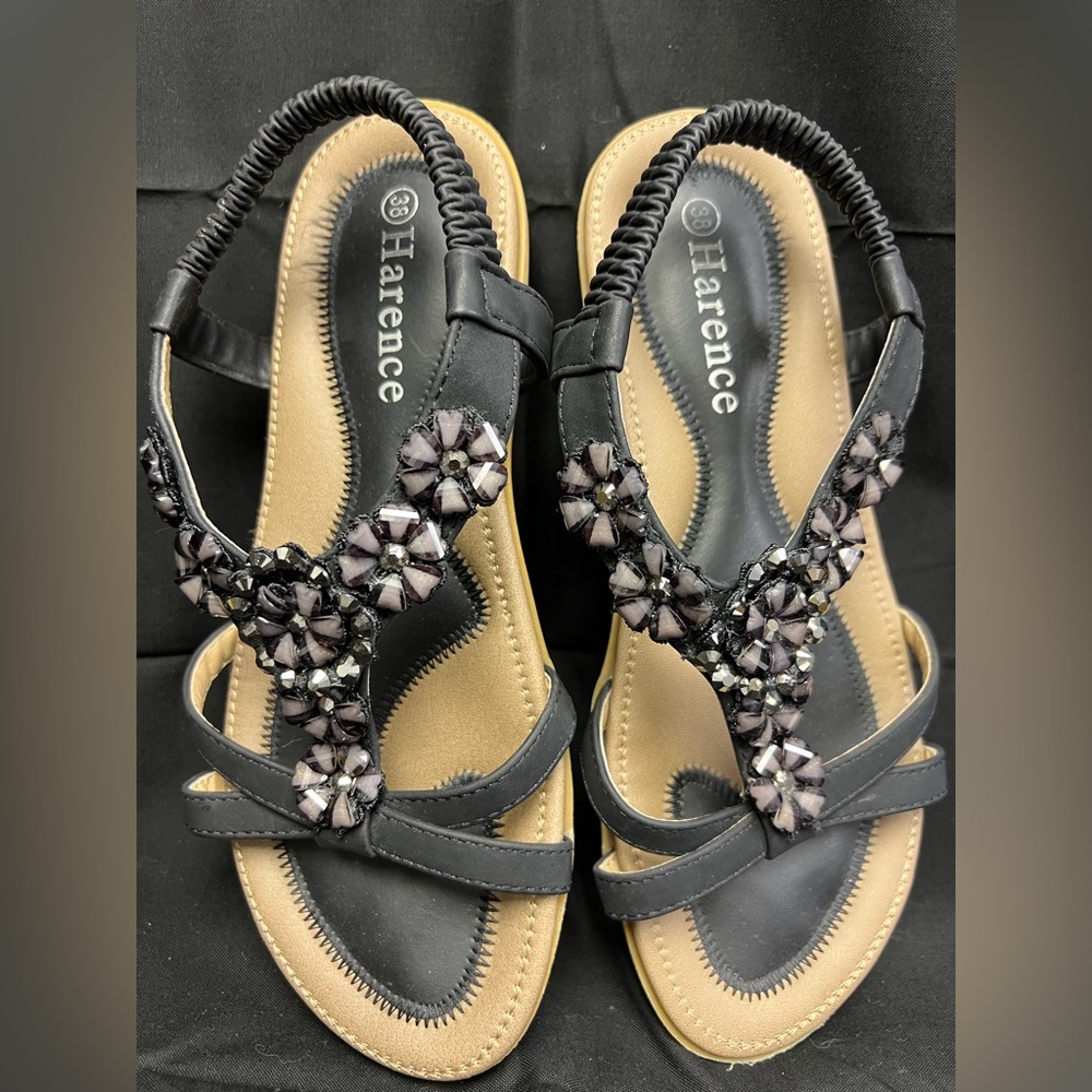 Harence- Black Sandals‎ with flower pattern front- Black, Pre-Owned, Size: 38